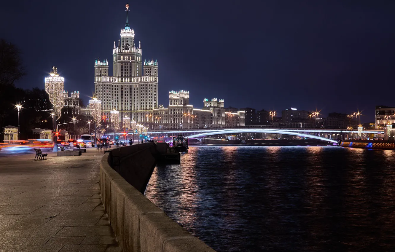 Photo wallpaper night, bridge, the city, river, lighting, Moscow, skyscraper, illumination