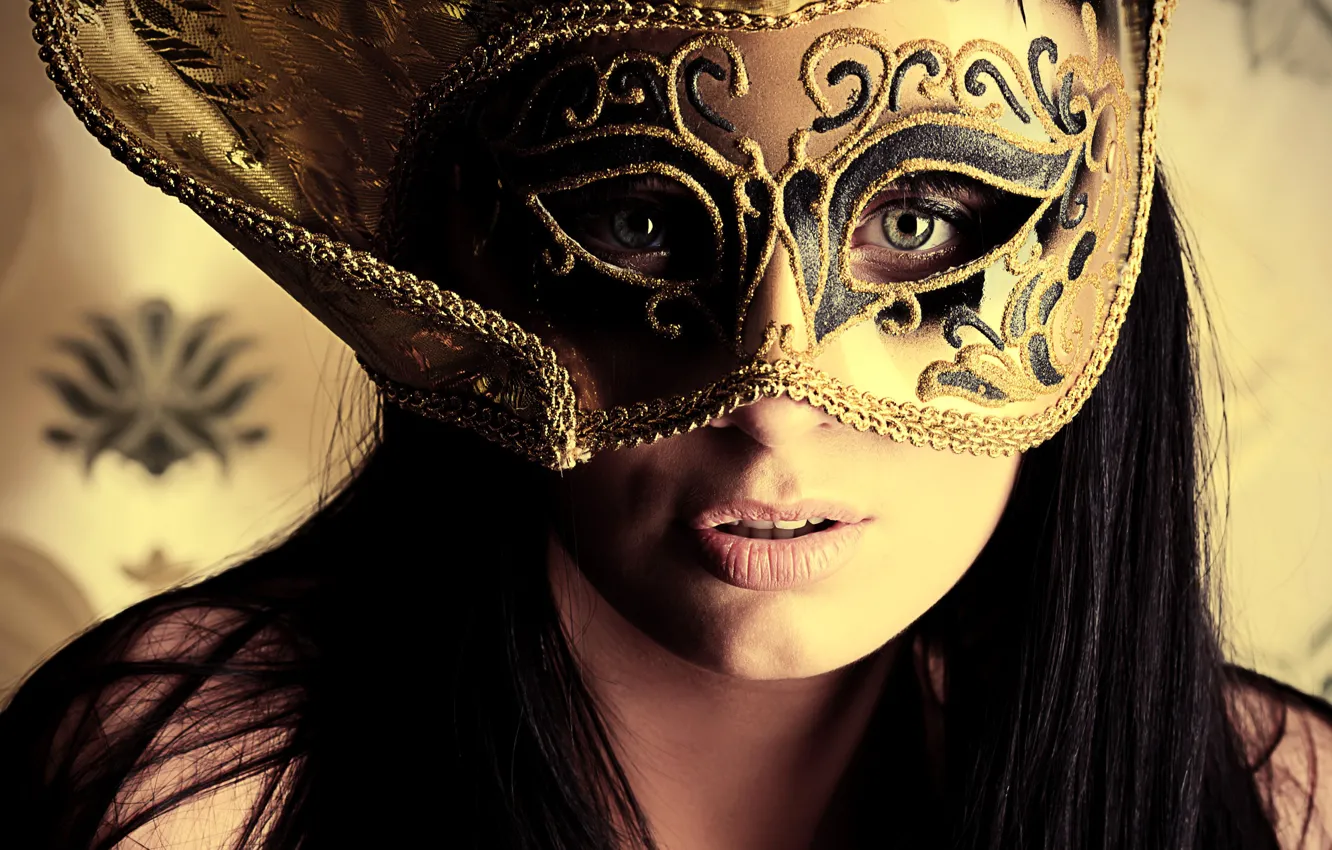 Photo wallpaper girl, face, mask, masquerade, hair