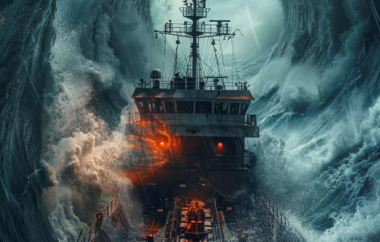 Photo wallpaper Sea, Wave, Ship, Rain, Clouds, Storm, Digital art, AI art
