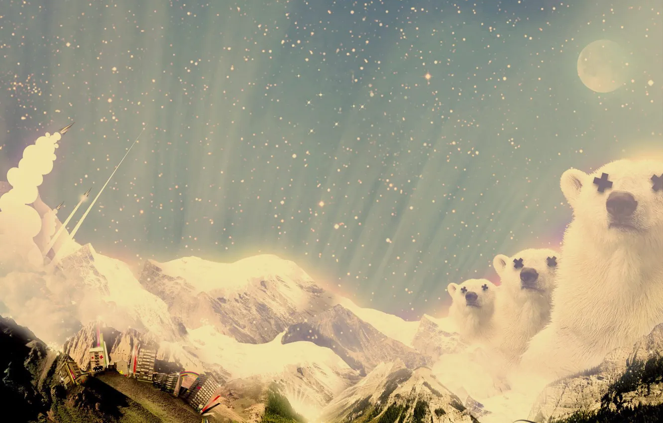 Photo wallpaper stars, snow, mountains, the city, collage, Treatment, bears