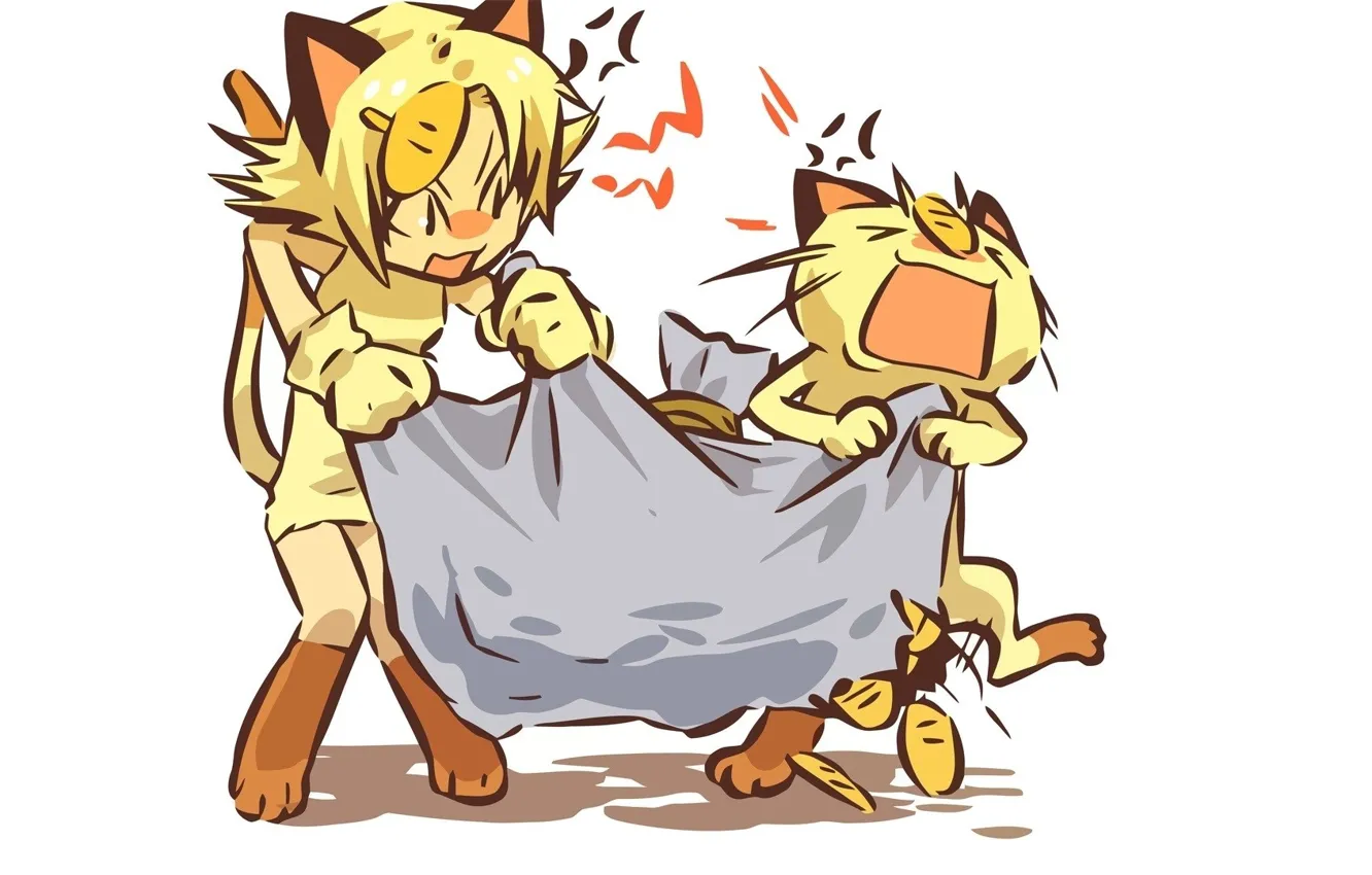 Photo wallpaper cat, money, fight, white background, bag, ears, pokemon, Meowth