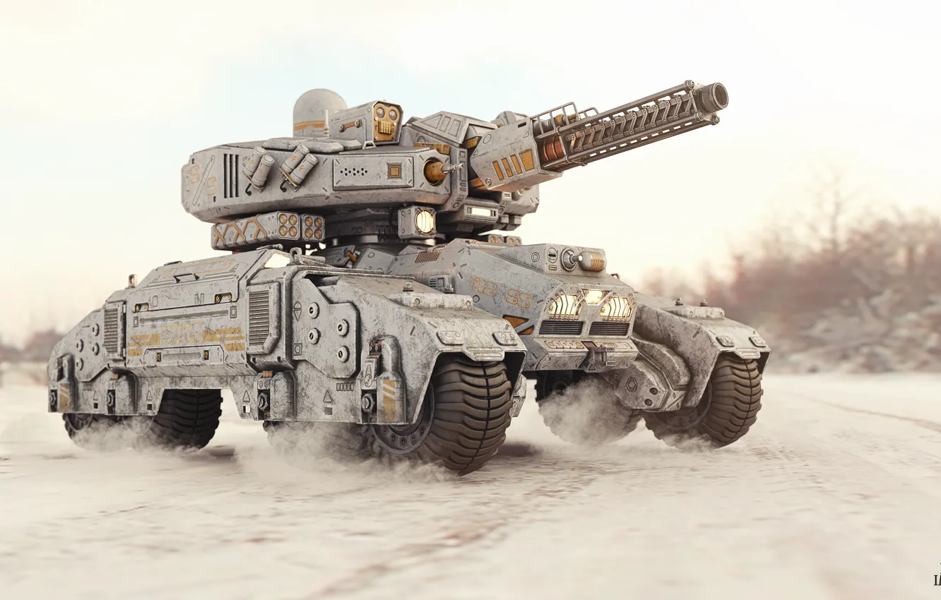 Photo wallpaper machine, weapons, transport, dust, Sci-fi Tank