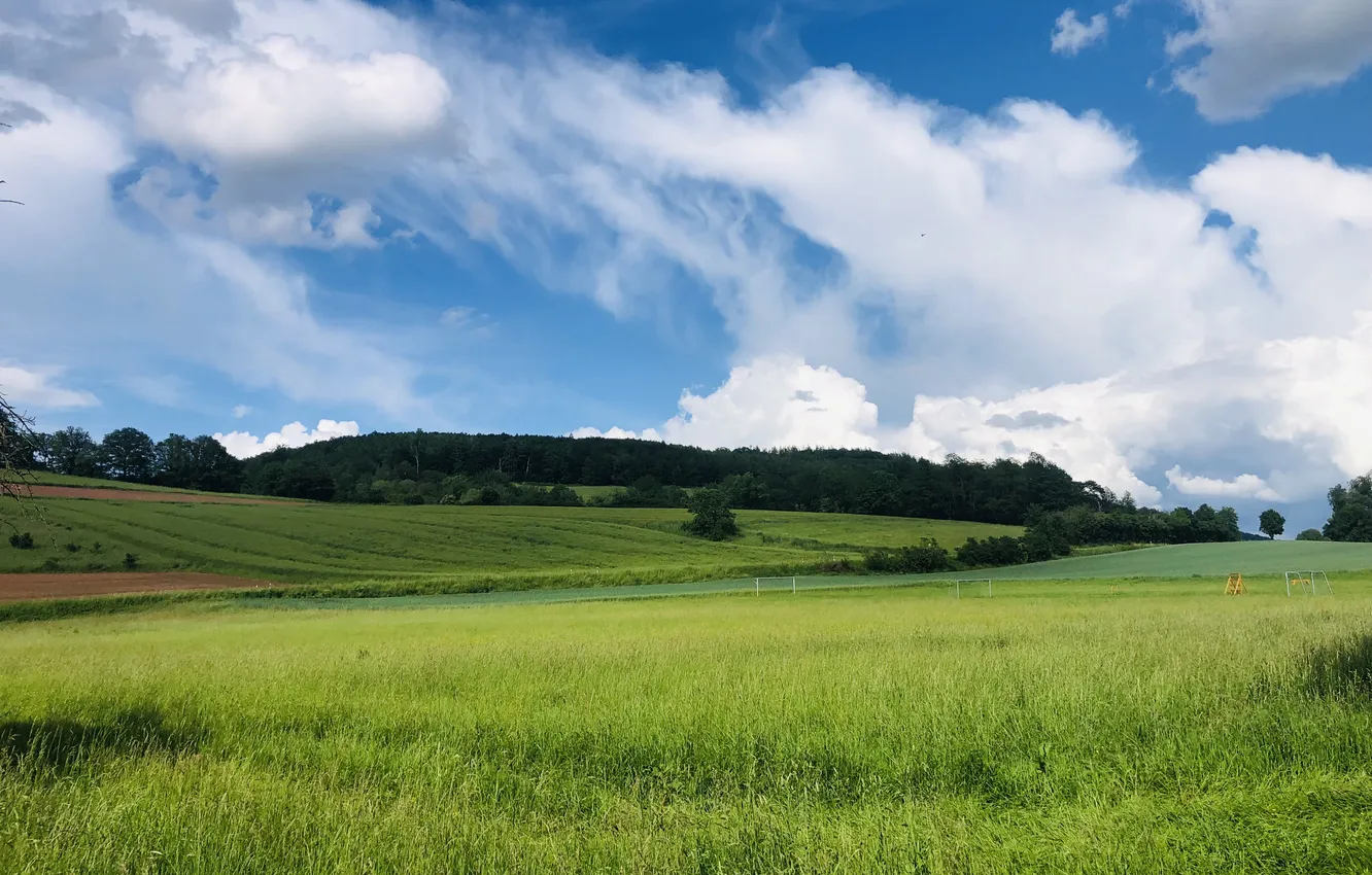 Photo wallpaper the sky, beautiful, clouds, grass, field, hills