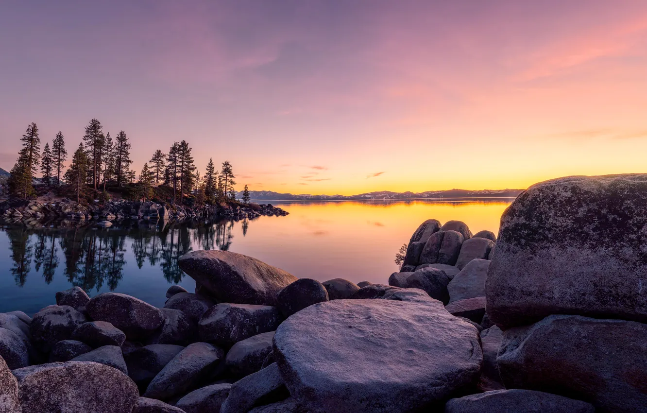 Photo wallpaper the sky, trees, sunset, lake, stones, USA, California, Lake Tahoe