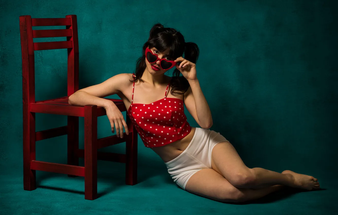 Photo wallpaper look, tummy, barefoot, figure, brunette, legs, long hair, legs