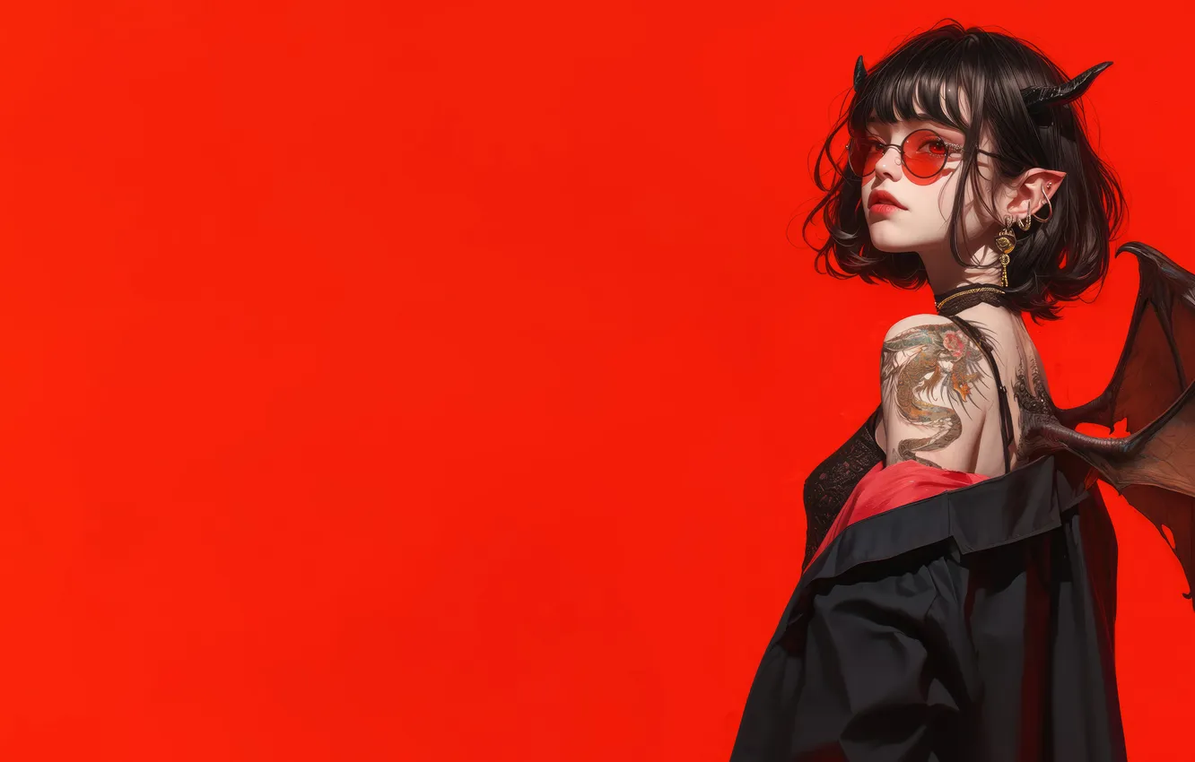 Photo wallpaper red, anime, digital art, artwork, Concept Art, anime girls, red background, looking at viewer