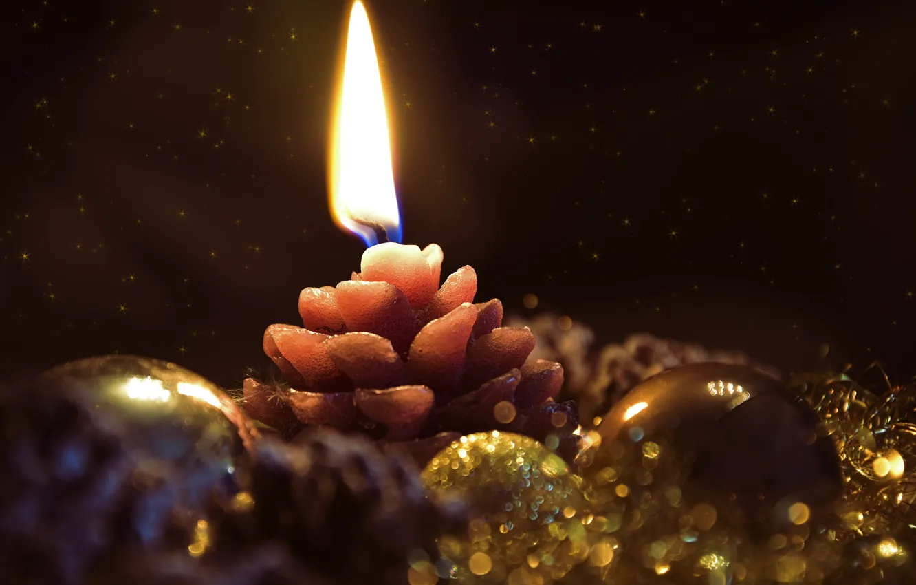 Photo wallpaper winter, balls, the dark background, flame, holiday, balls, candle, Christmas