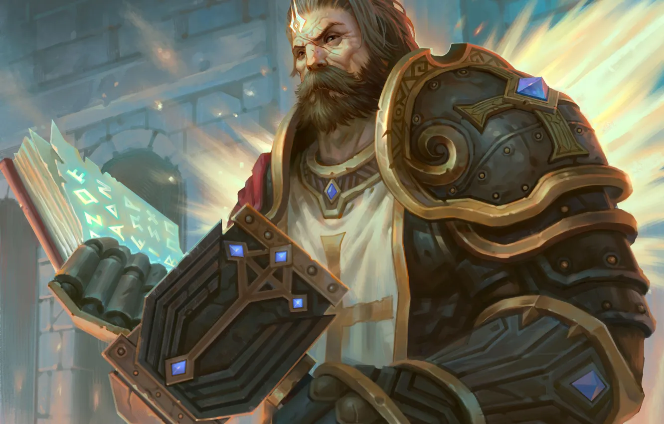 Photo wallpaper weapons, magic, cross, armor, hammer, art, book, male