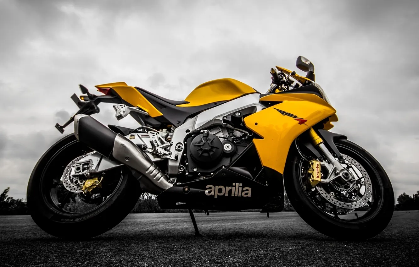 Photo wallpaper the sky, yellow, clouds, motorcycle, Aprilia, bike, yellow, Aprilia
