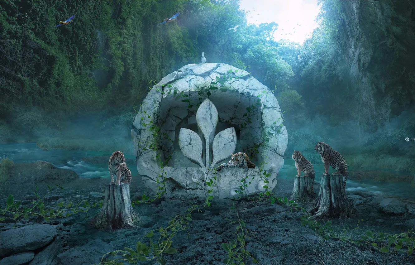 Photo wallpaper tiger, parrot, pigeons, emblem, desktopography, vines