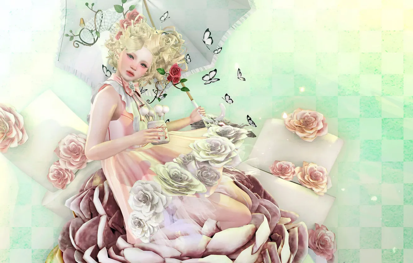 Photo wallpaper flowers, butterfly, umbrella, girl