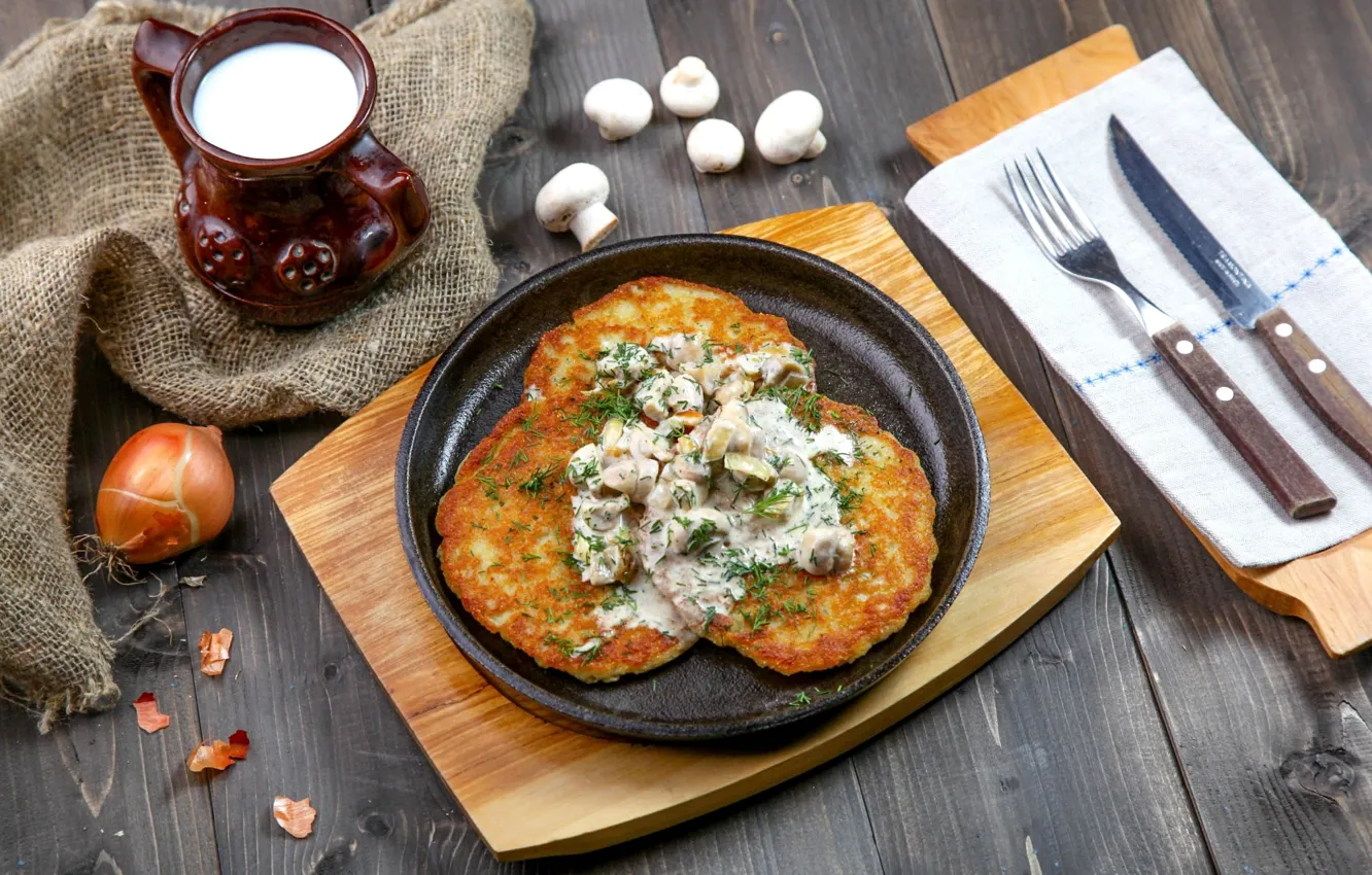 Photo wallpaper mushrooms, milk, bow, pancakes