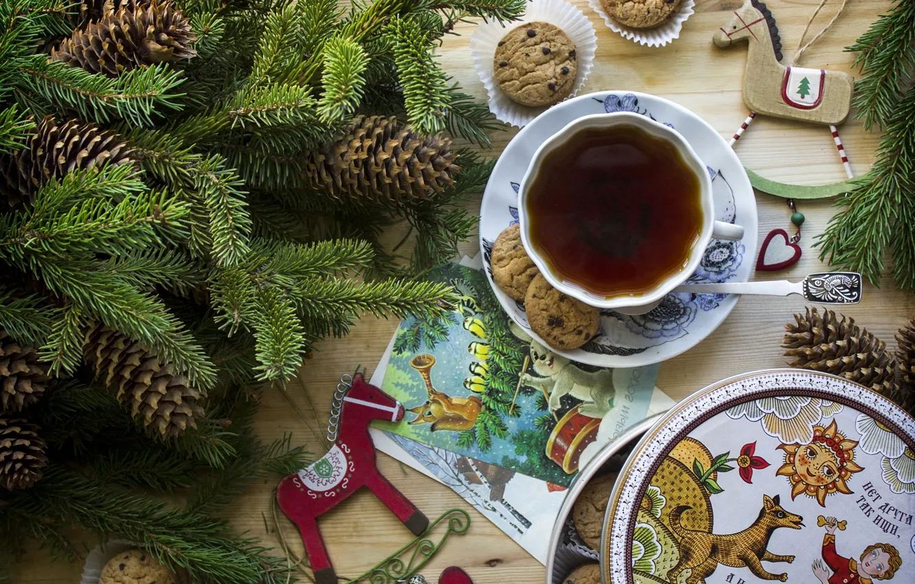 Photo wallpaper tea, horse, toys, spruce, cookies, Cup, bumps
