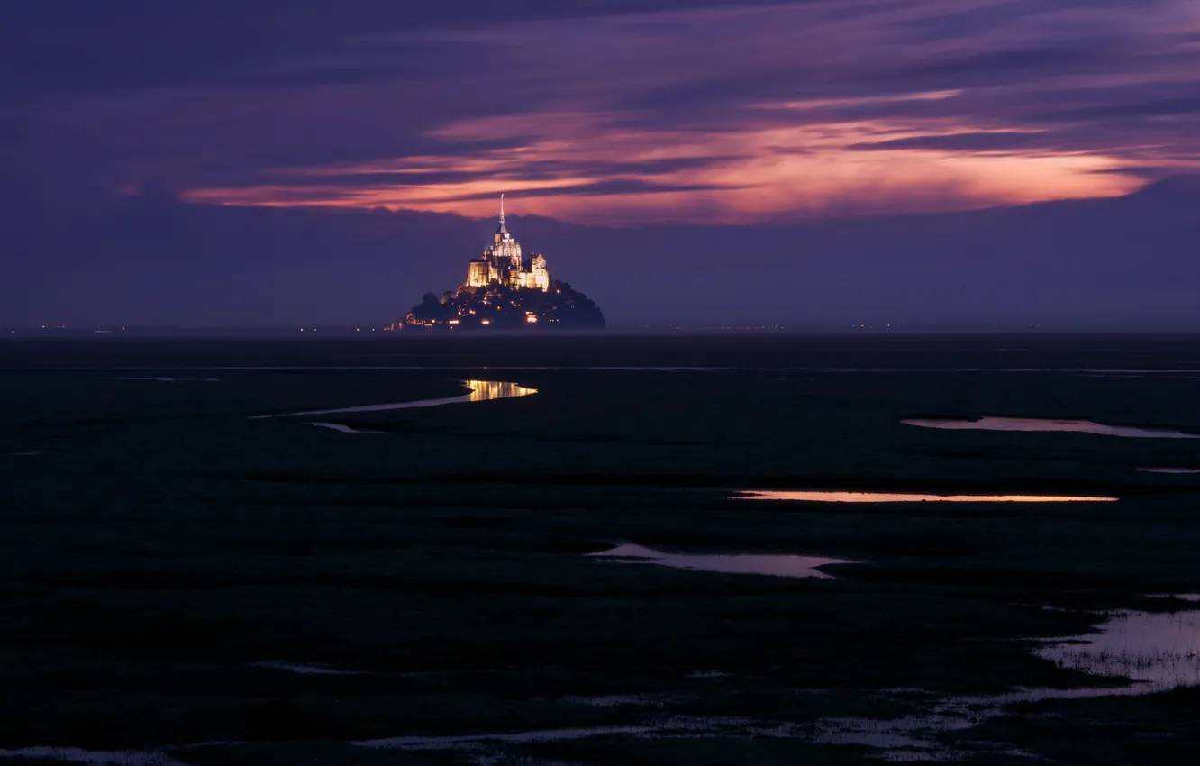 Photo wallpaper the sky, France, island, backlight, fortress, twilight, purple, Mont-Saint-Michel