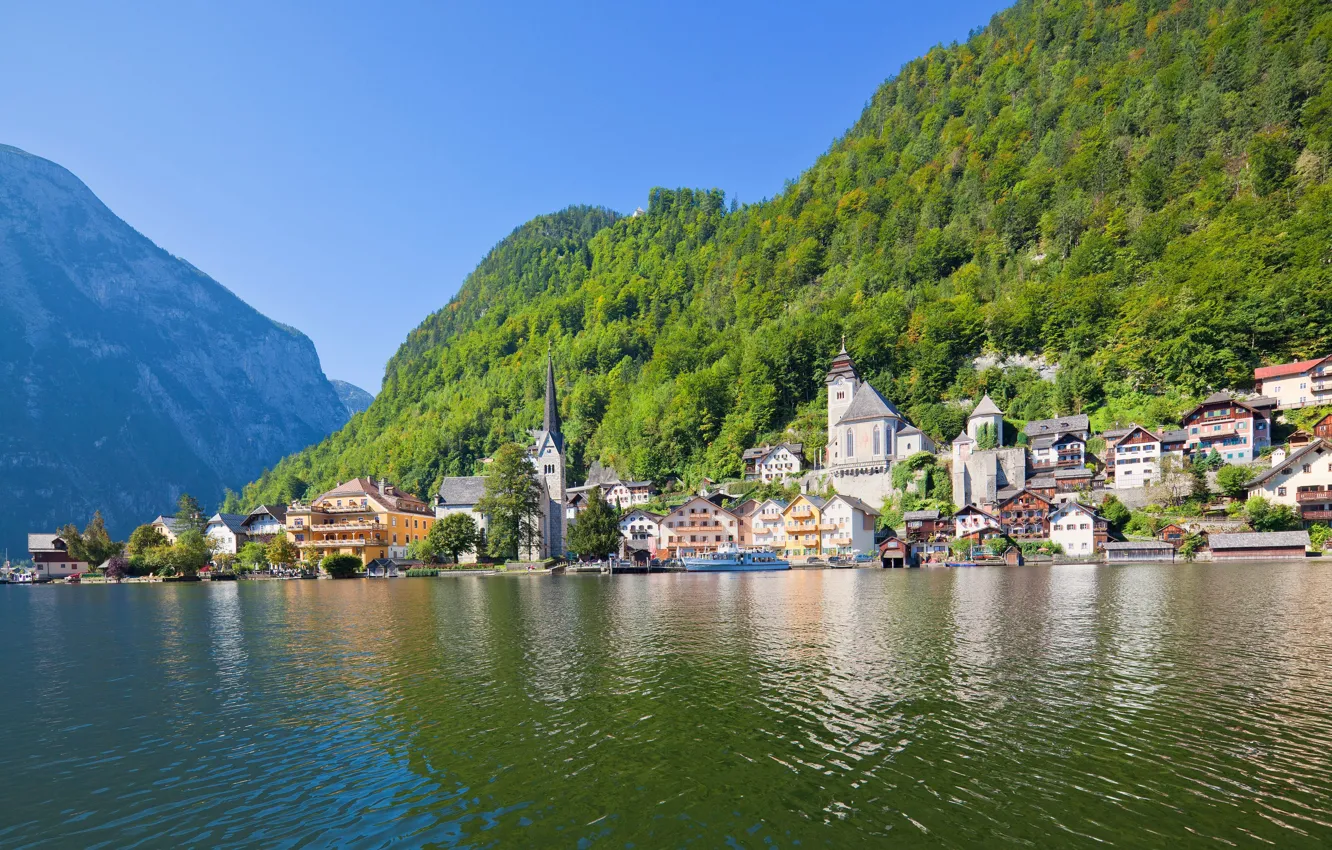 Photo wallpaper mountains, lake, home, Austria, Alps, Austria, Hallstatt, Hallstatt