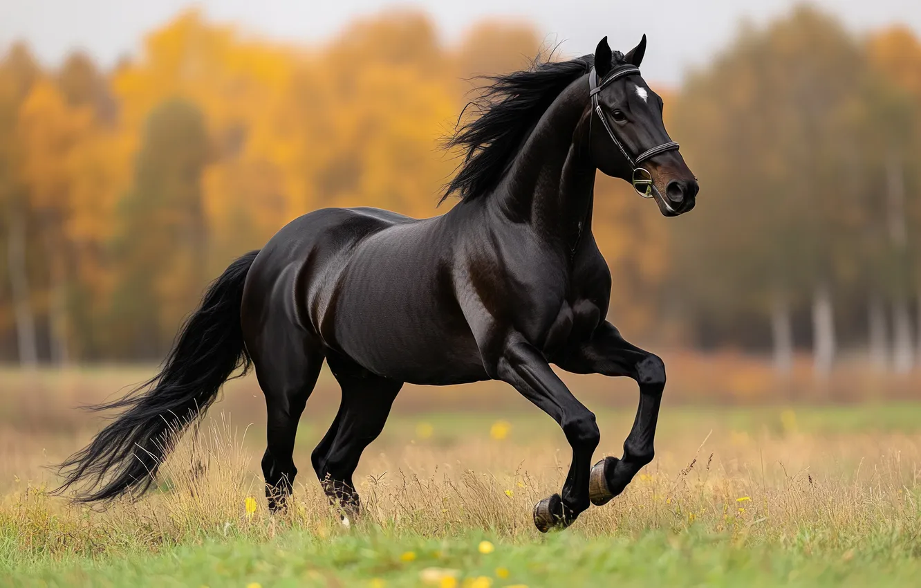 Photo wallpaper field, autumn, forest, horse, horse, running, crows, horse