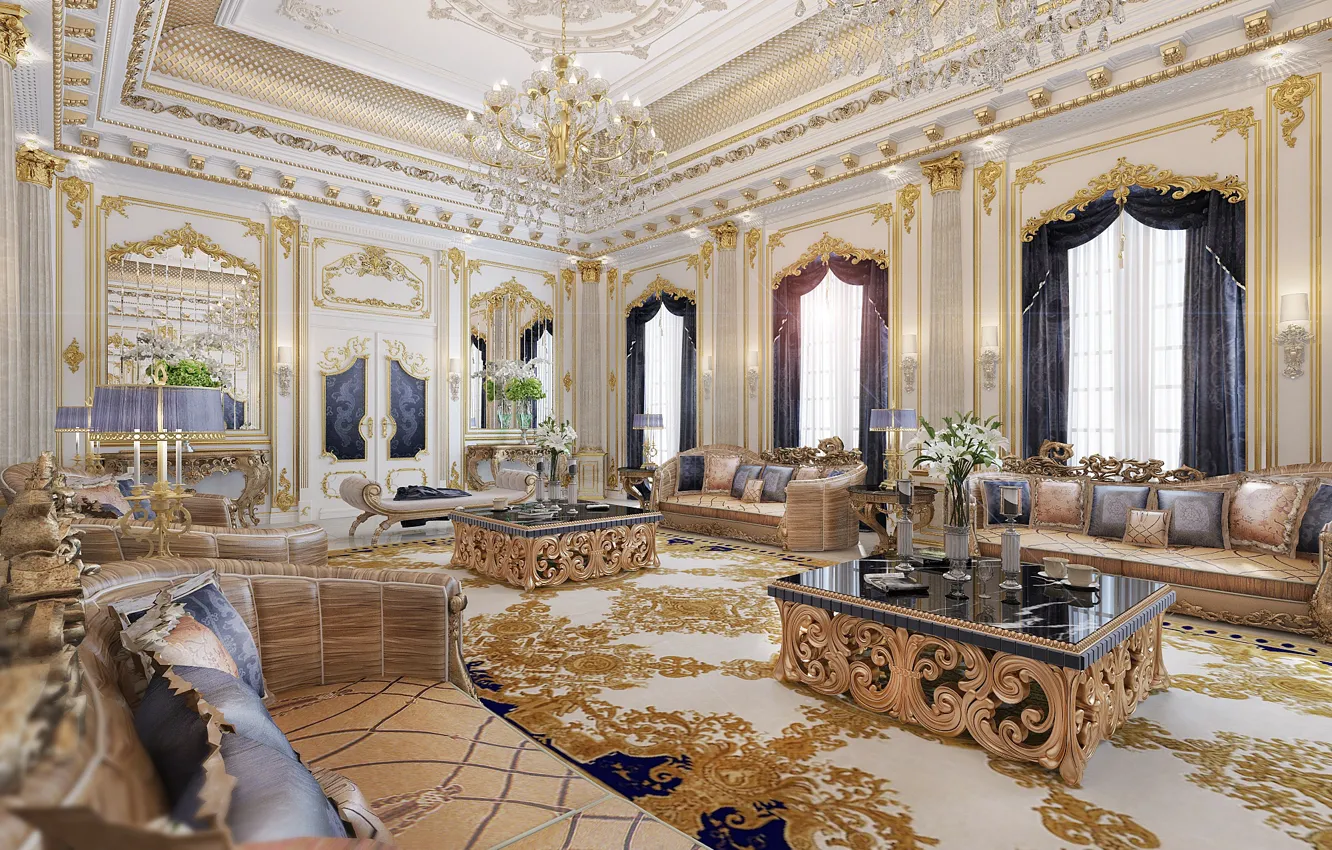 Photo wallpaper sofa, gold, interior, window, the ceiling, chandelier, curtains, luxury