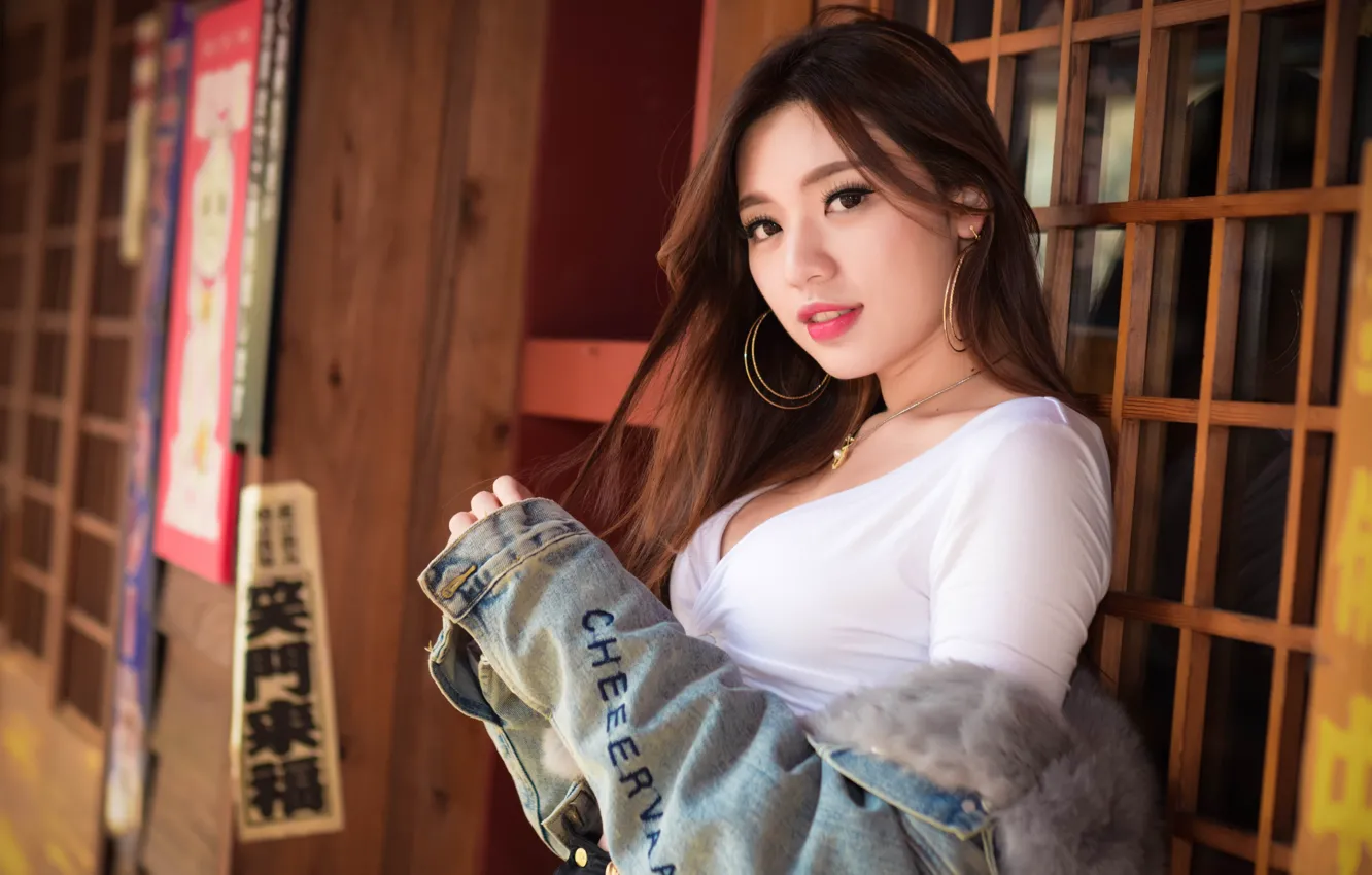 Photo wallpaper girl, long hair, brown eyes, photo, model, lips, brunette, asian