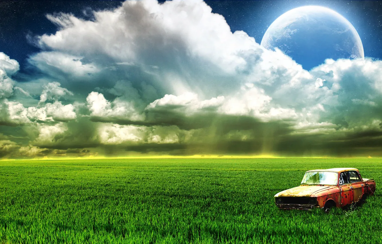 Photo wallpaper field, the moon, old, AZLK, Muscovites