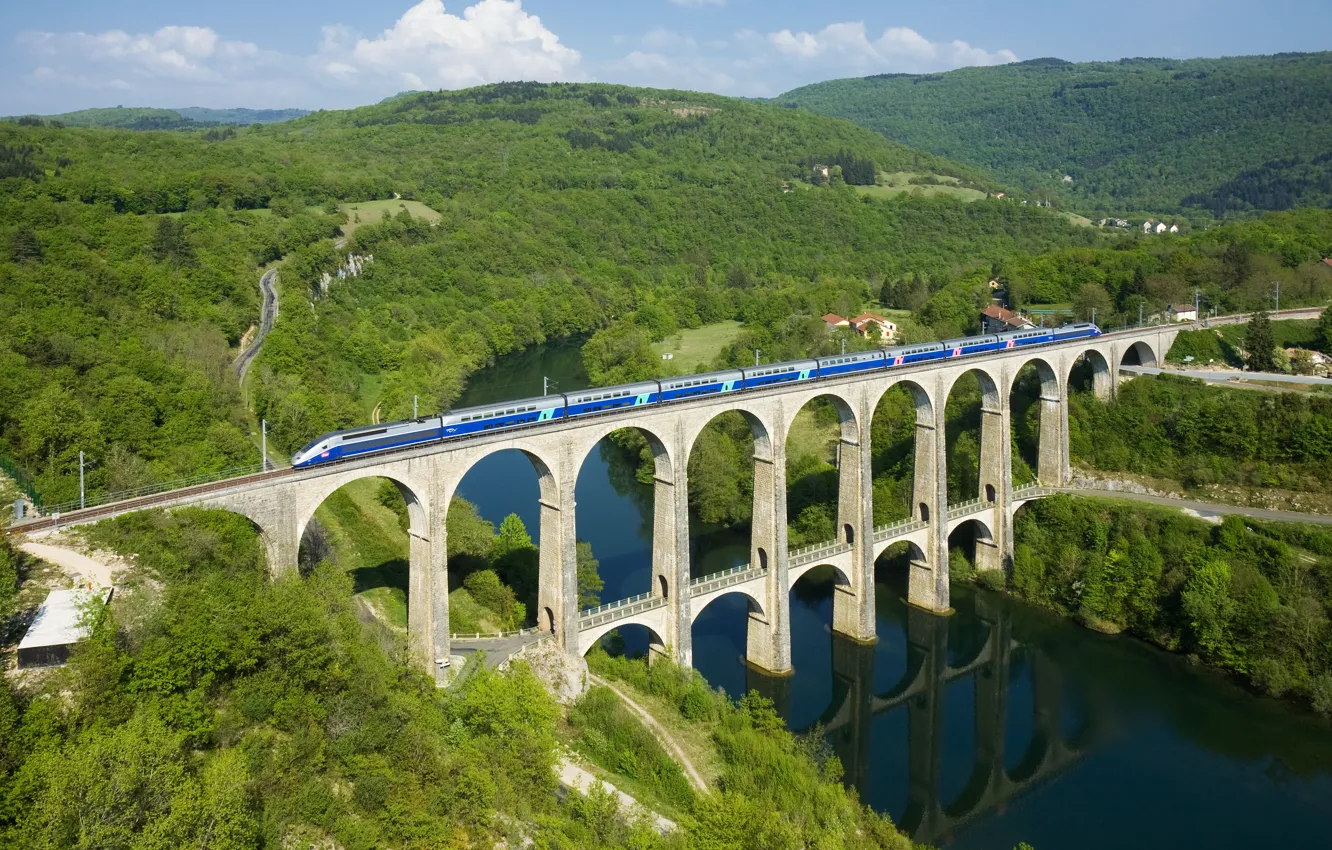 Photo wallpaper forest, river, France, train, Bridge, Cize-Bolozon viaduct
