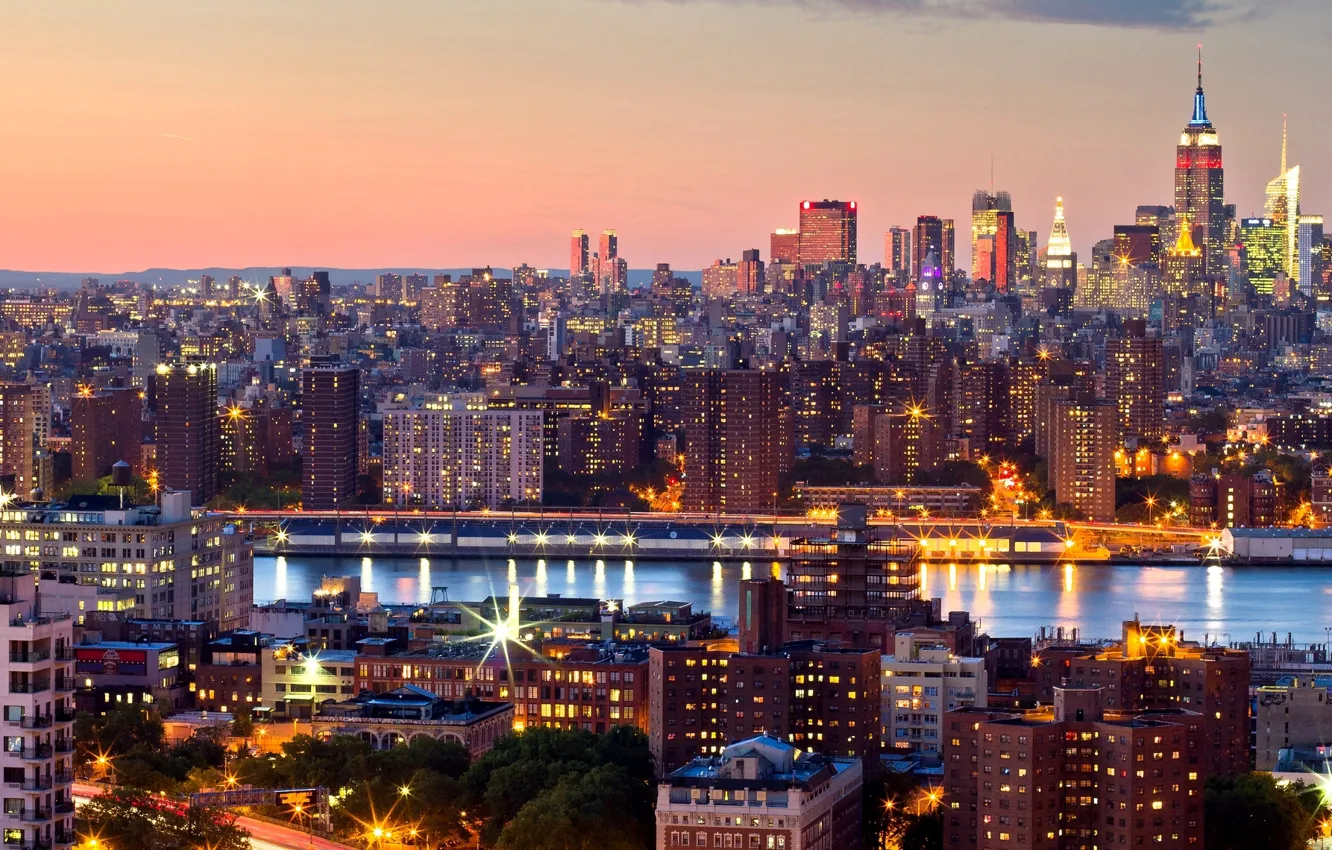 Photo wallpaper sunset, the city, lights, Strait, building, New York, skyscrapers, the evening