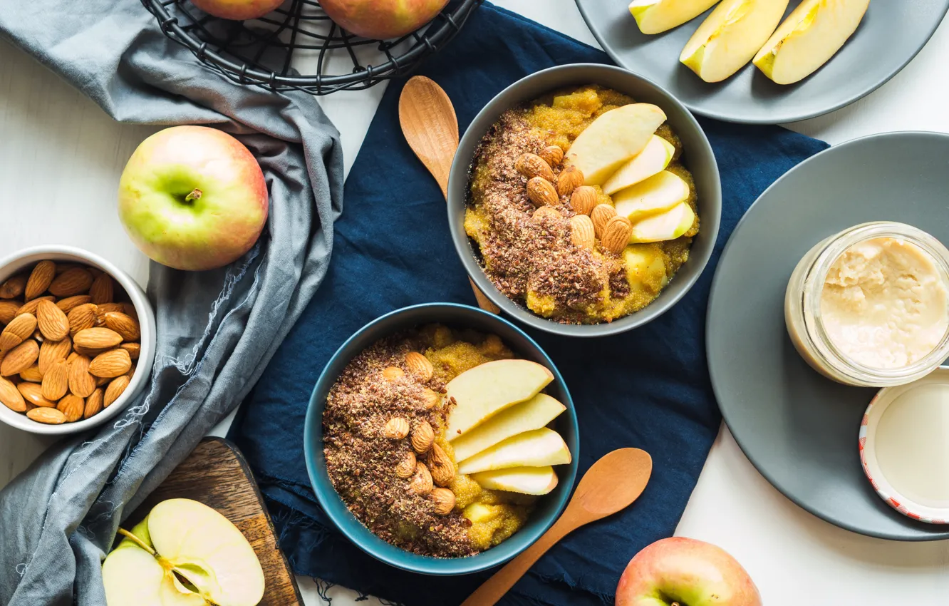 Photo wallpaper granola, almonds, nuts, Breakfast, apples