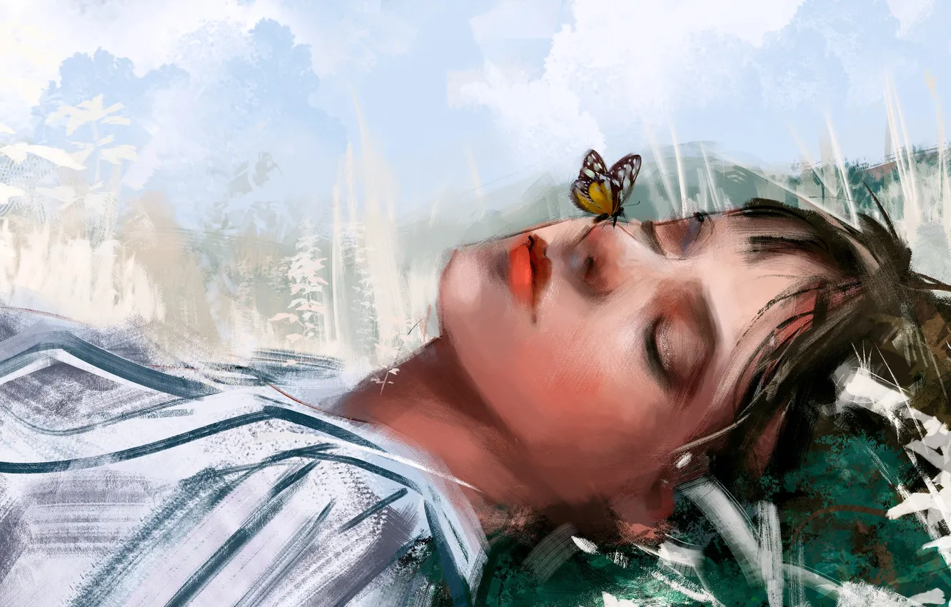 Photo wallpaper girl, butterfly, sleeping, from panda, by Panda