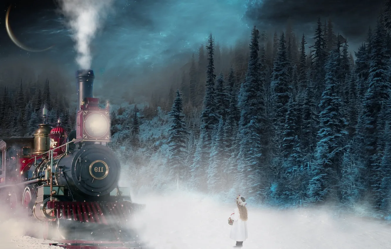 Photo wallpaper winter, forest, snow, night, new year, the engine, tale, ate