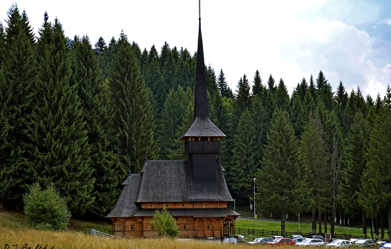 Photo wallpaper machine, forest, trees, glade, temple, Romania, monastery, Poiana Brasov