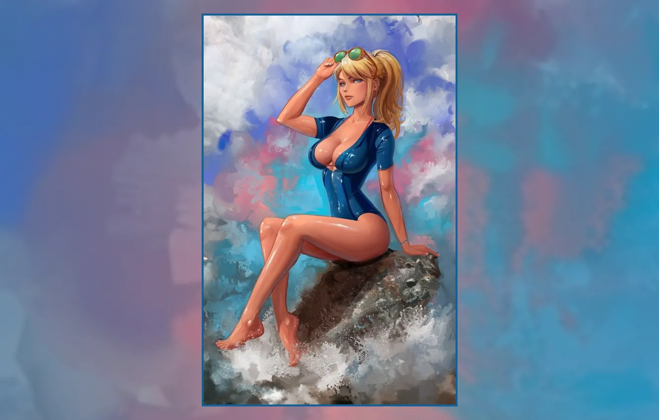 Photo wallpaper cleavage, ponytail, blonde, sitting, Samus Aran, feet, thighs, Big boobs