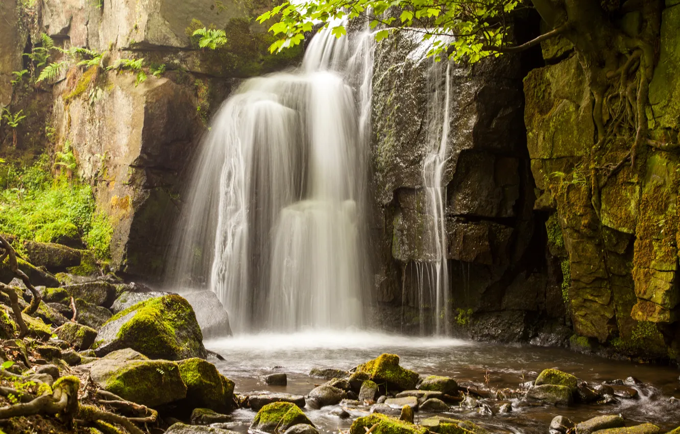 Photo wallpaper water, squirt, rock, stones, waterfall, moss