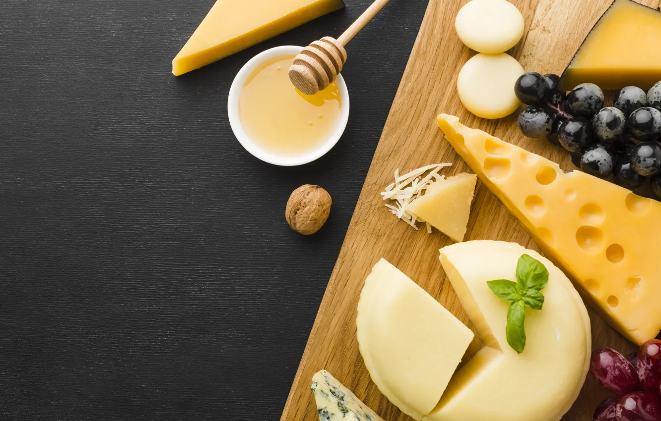 Photo wallpaper food, cheese, honey, grapes, bowl, nuts, different, slices
