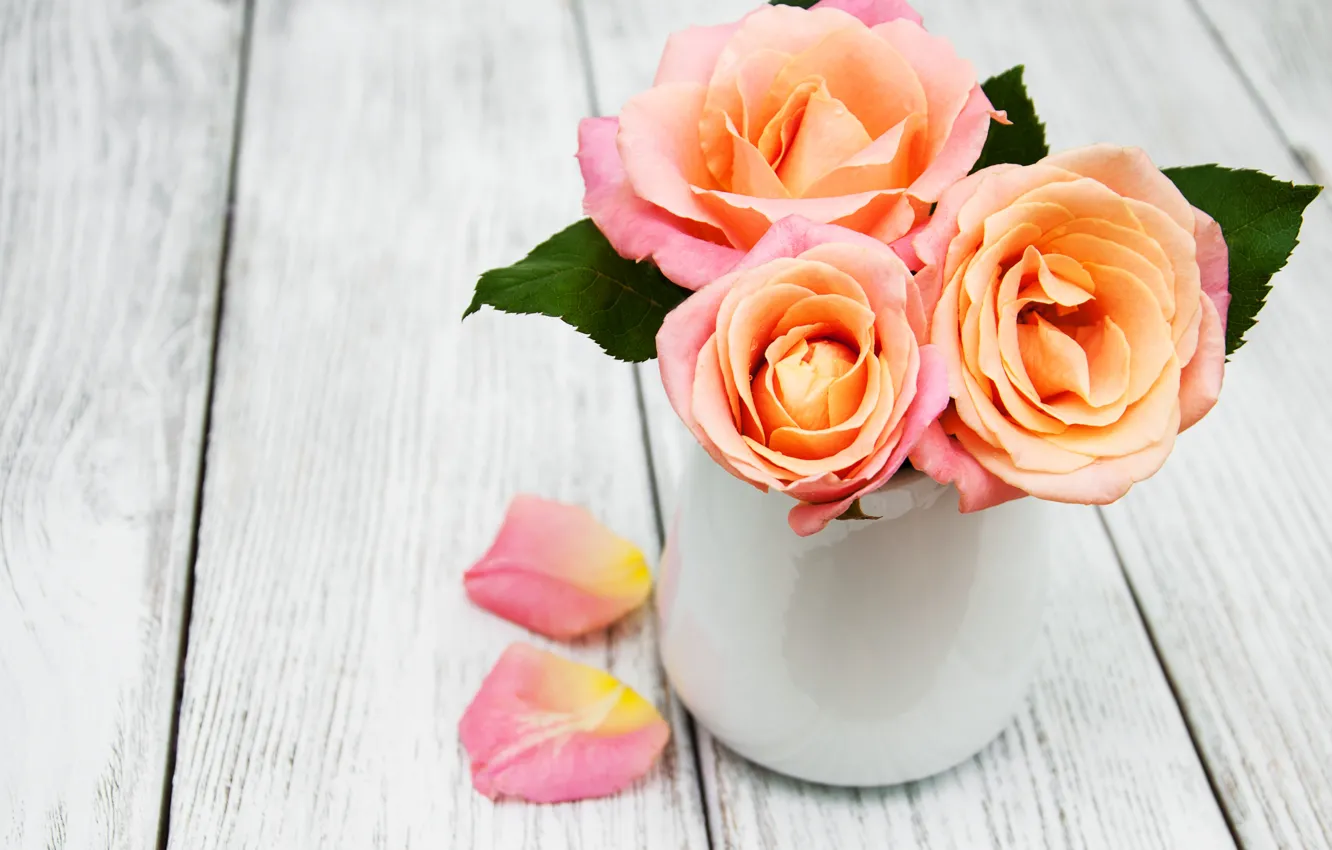 Photo wallpaper flowers, roses, bouquet, pink, wood, pink, roses