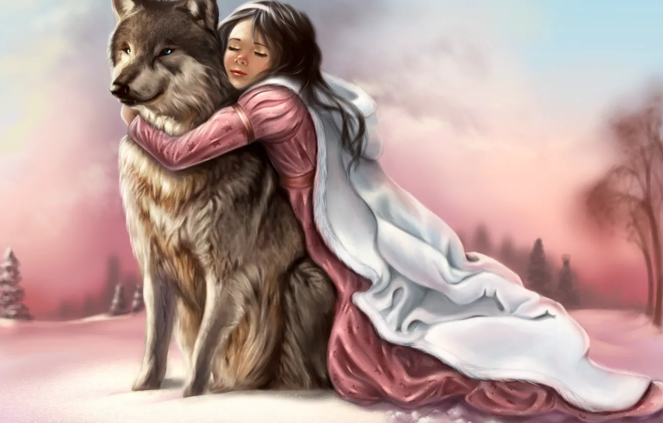 Photo wallpaper winter, the sky, look, face, girl, snow, traces, face