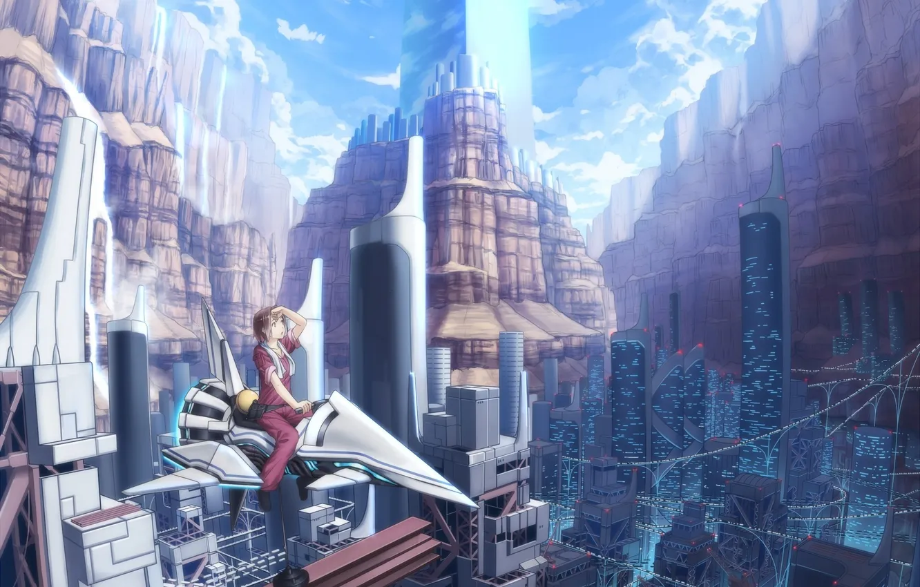 Photo wallpaper flight, mountains, the city, future, rocks, transport, art, girl