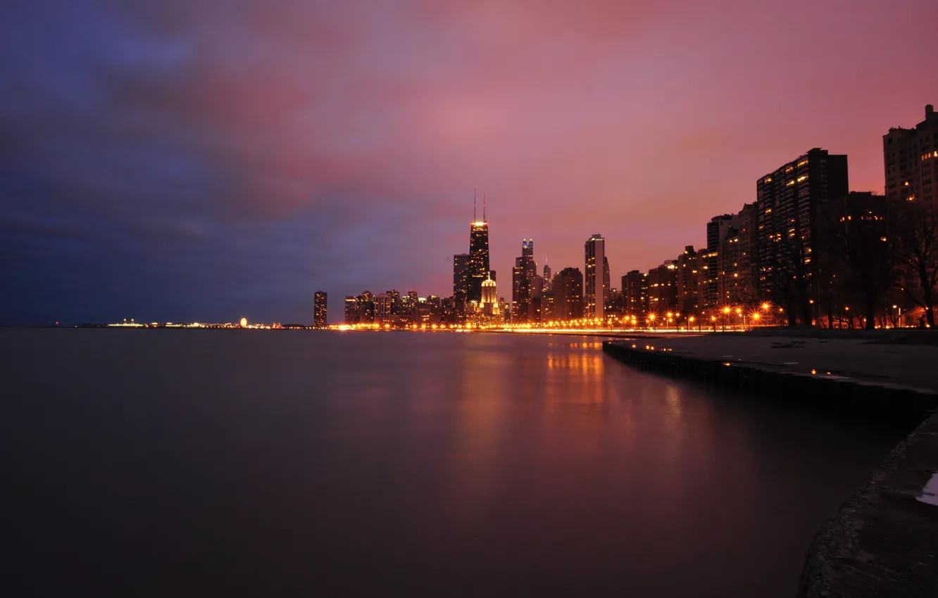 Photo wallpaper night, the city, lights, river, skyscrapers, Chicago, Illinois