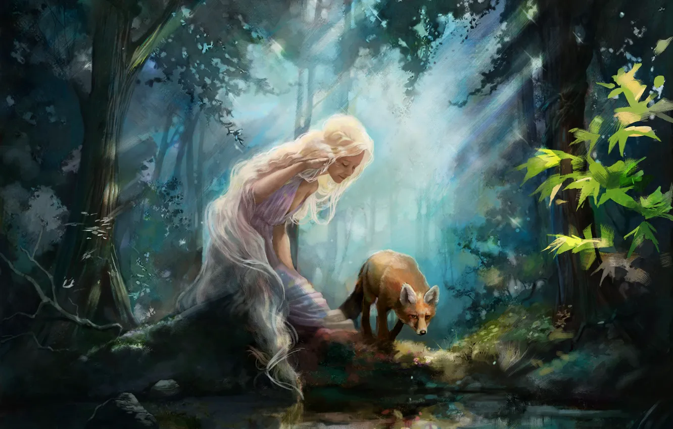Photo wallpaper forest, girl, light, Fox, pond