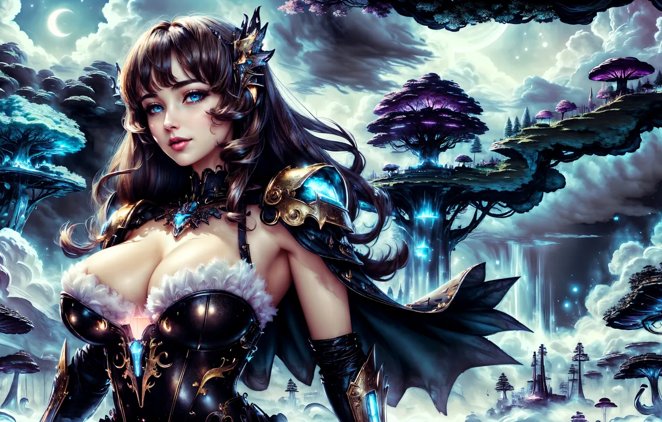 Photo wallpaper girl, clouds, trees, a month, outfit, cloak