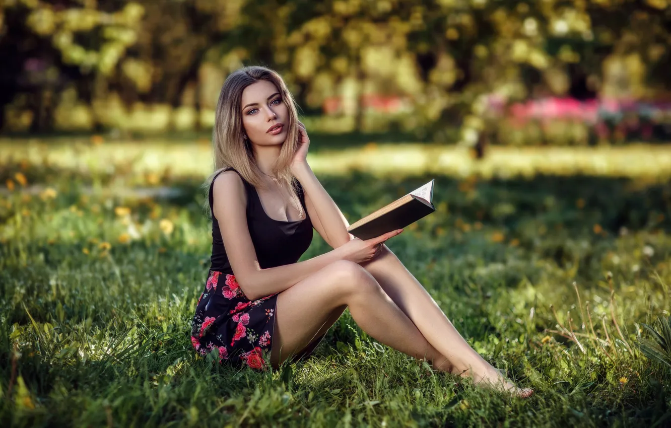 Photo wallpaper grass, girl, book, legs, Hakan Erenler