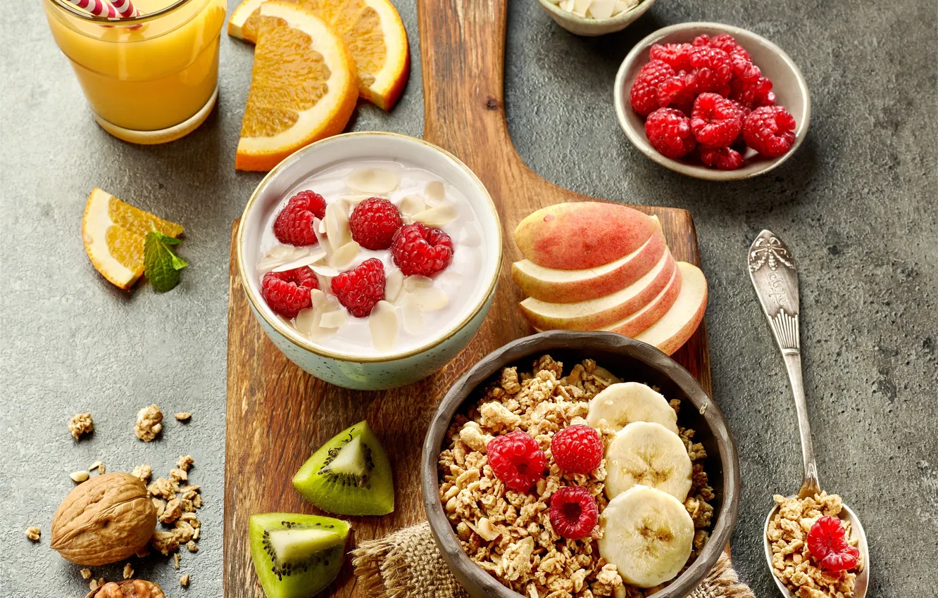 Photo wallpaper glass, berries, raspberry, food, Breakfast, kiwi, juice, fruit