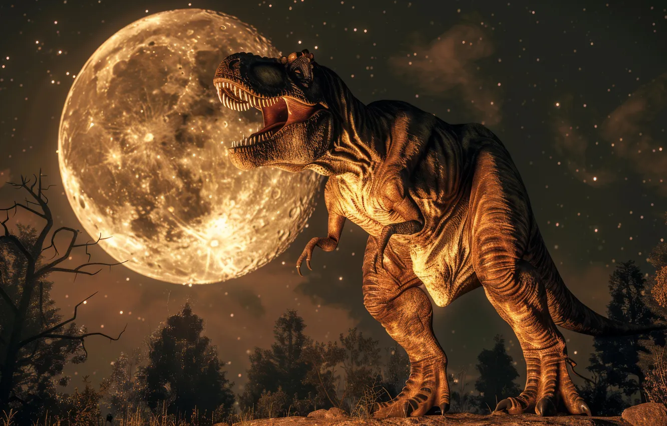 Photo wallpaper stars, trees, night, animal, the moon, dinosaur, predator, Tyrannosaurus