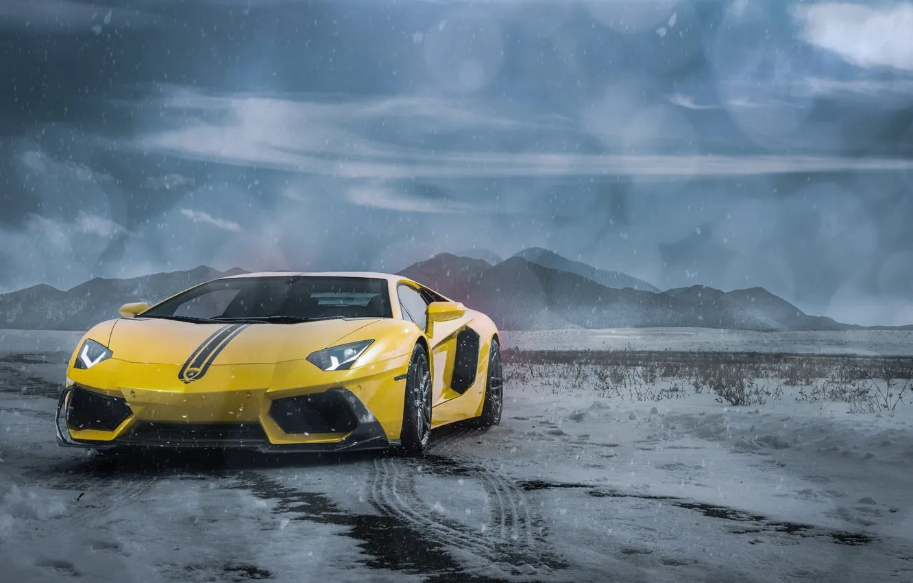 Photo wallpaper Lamborghini, Clouds, Front, Snow, Yellow, LP700-4, Aventador, Supercars
