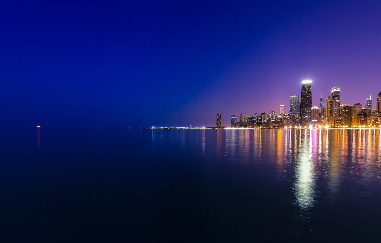 Photo wallpaper city, lights, USA, Chicago, landscape, night, Lake Michigan, Michael Zheng