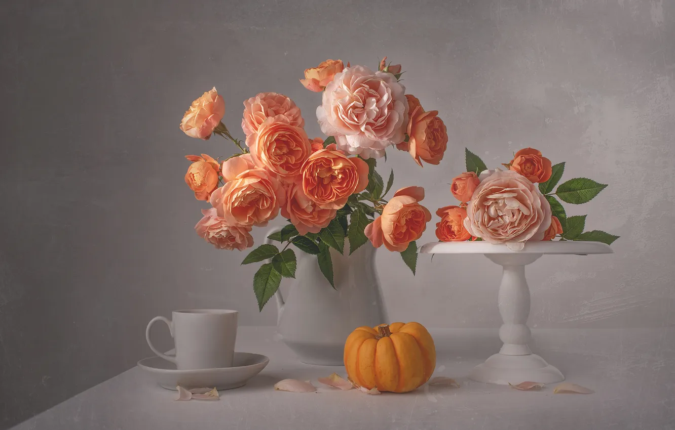 Photo wallpaper roses, pumpkin, vase, Cup and saucer, Symphony Of Colors, Maria Margareth Perfoncio, The Symphony of …