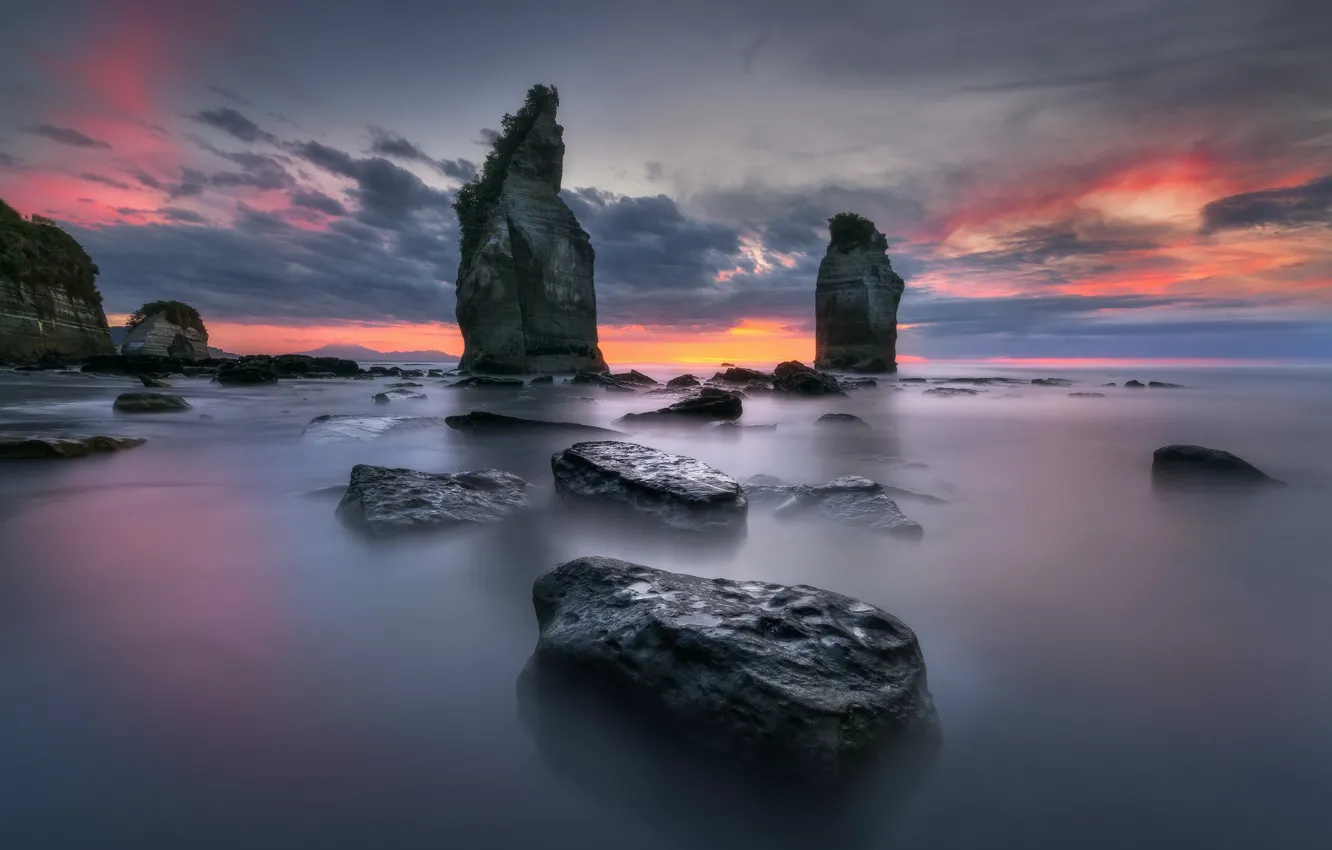 Photo wallpaper sea, water, clouds, sunset, rocks, boulders, the crimson