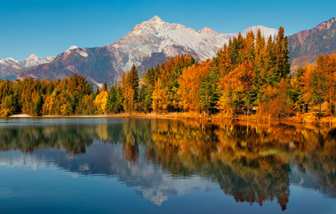 Photo wallpaper autumn, forest, landscape, mountains, nature, lake, reflection