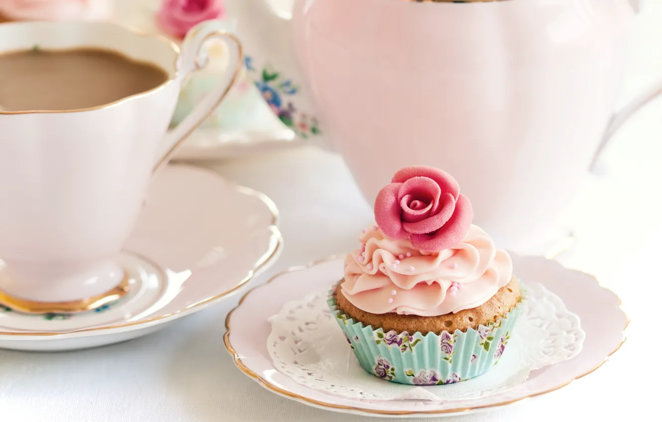 Photo wallpaper flower, pink, coffee, food, dishes, cake, cream, dessert