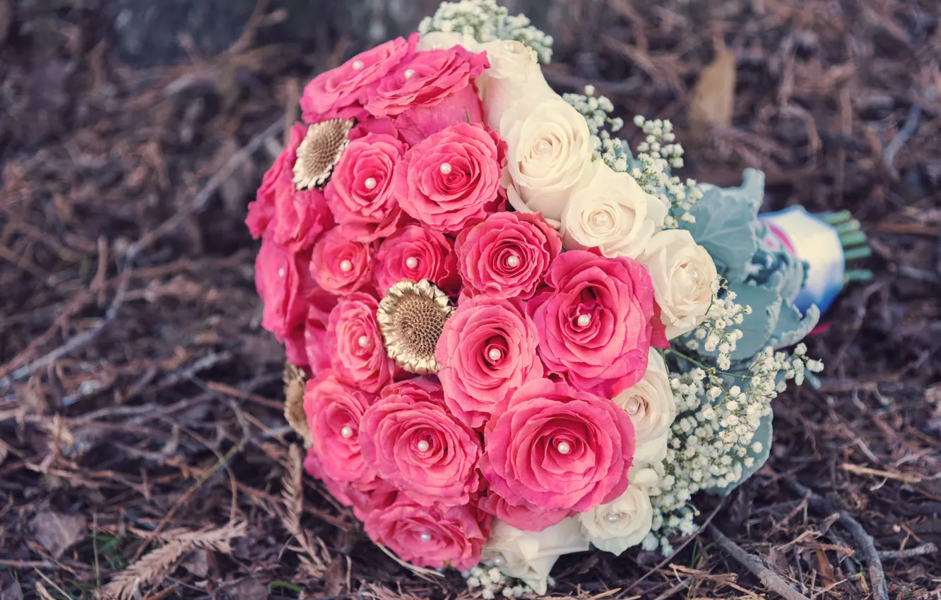 Photo wallpaper flowers, branches, glade, roses, bouquet, pink, white, beads