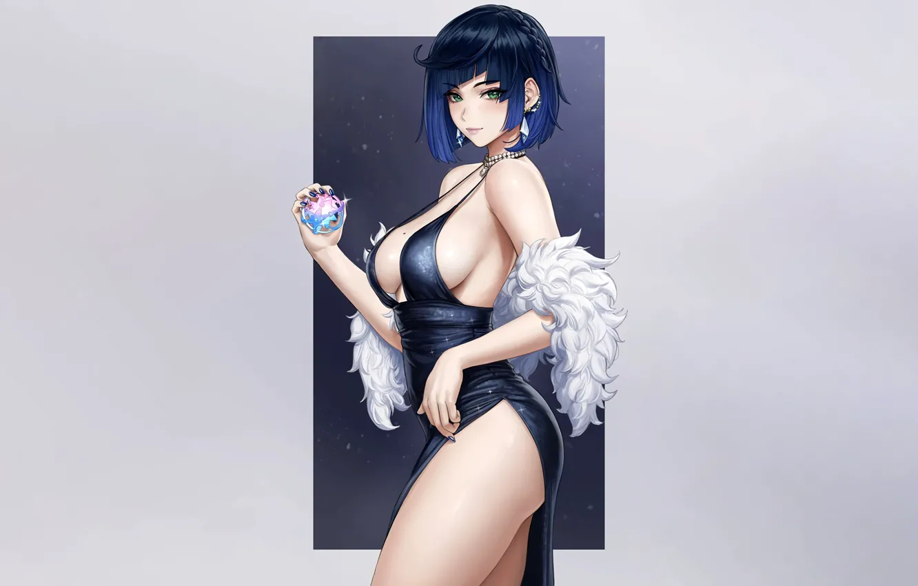 Photo wallpaper girl, sexy, cleavage, green eyes, dress, boobs, anime, beautiful