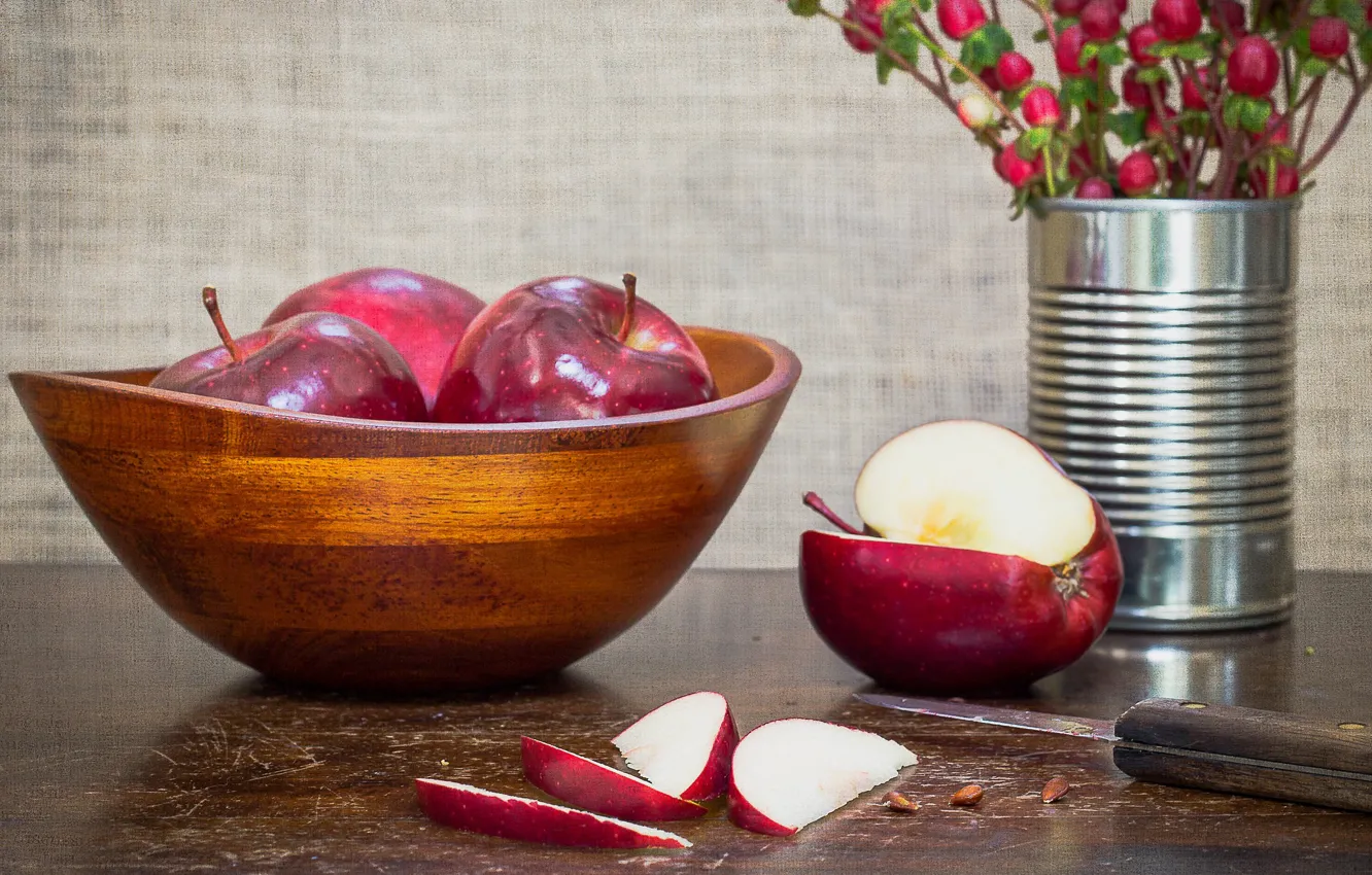 Photo wallpaper berries, knife, apples